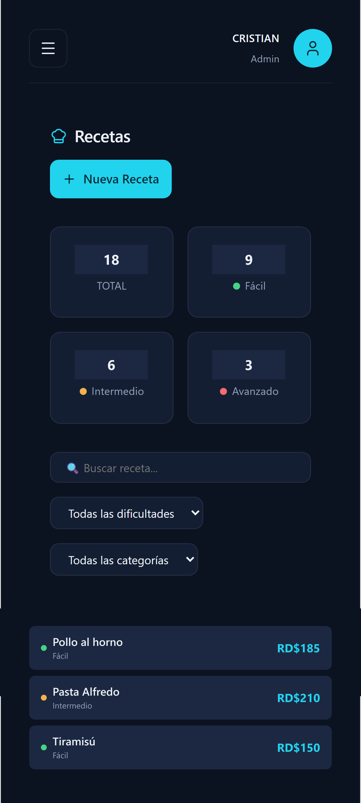 Gestión de recetas con costo y dificultad